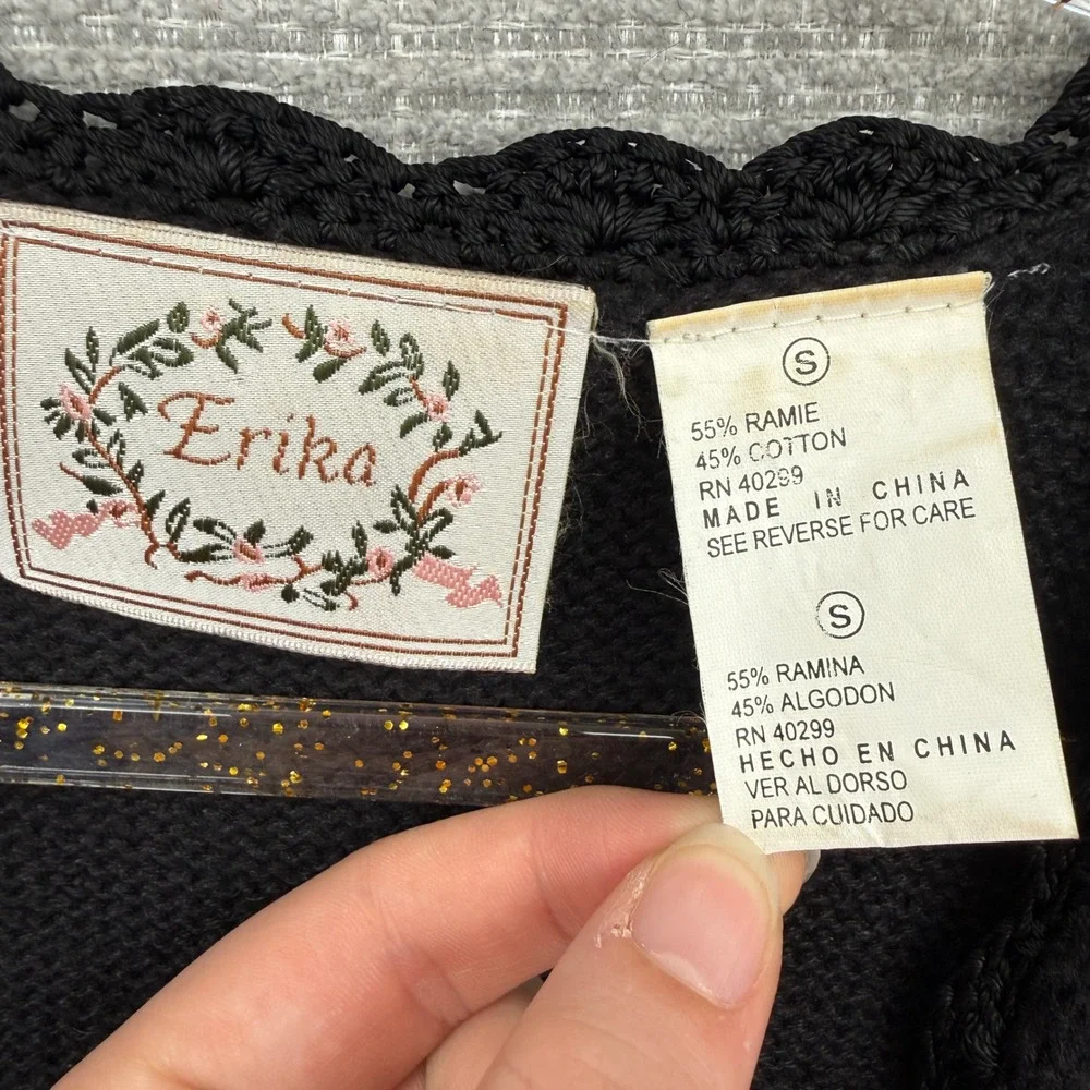 Erika Black Floral Embroidered Button Front‎ Knit Vest Women's S Ramie Cotton
